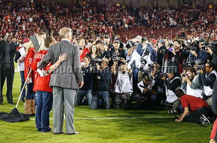 2013-Stanford-Oregon-038.JPG - Nov. 7, 2013; Stanford, CA, USA; Former Stanford Cardinal quarterback John Elway (left) has his number retired in a halftime ceremony at game against the Oregon Ducks at Stanford Stadium. Stanford defeated Oregon 26-20.